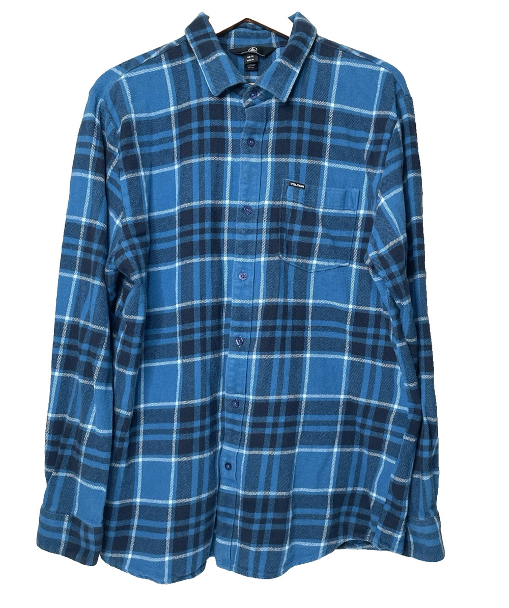 Volcom Men’s XL Flannel Shirt Blue Plaid Long Sleeve grunge-inspired skater